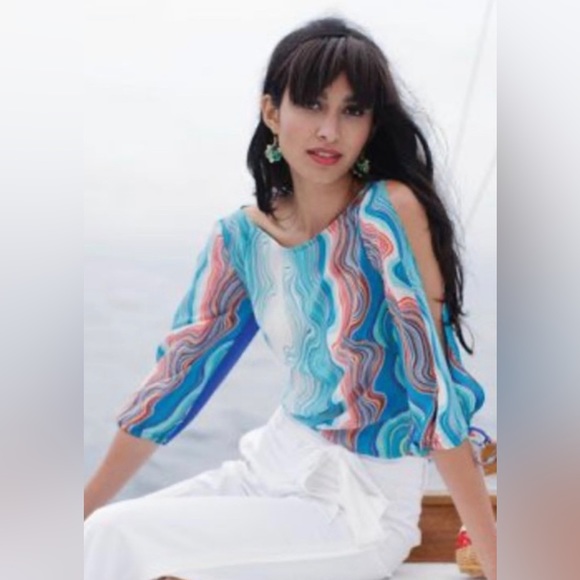 Trina Turk Tops - TRINA Turk Merrick Open Sleeve Silk Blouse in Deep Sea